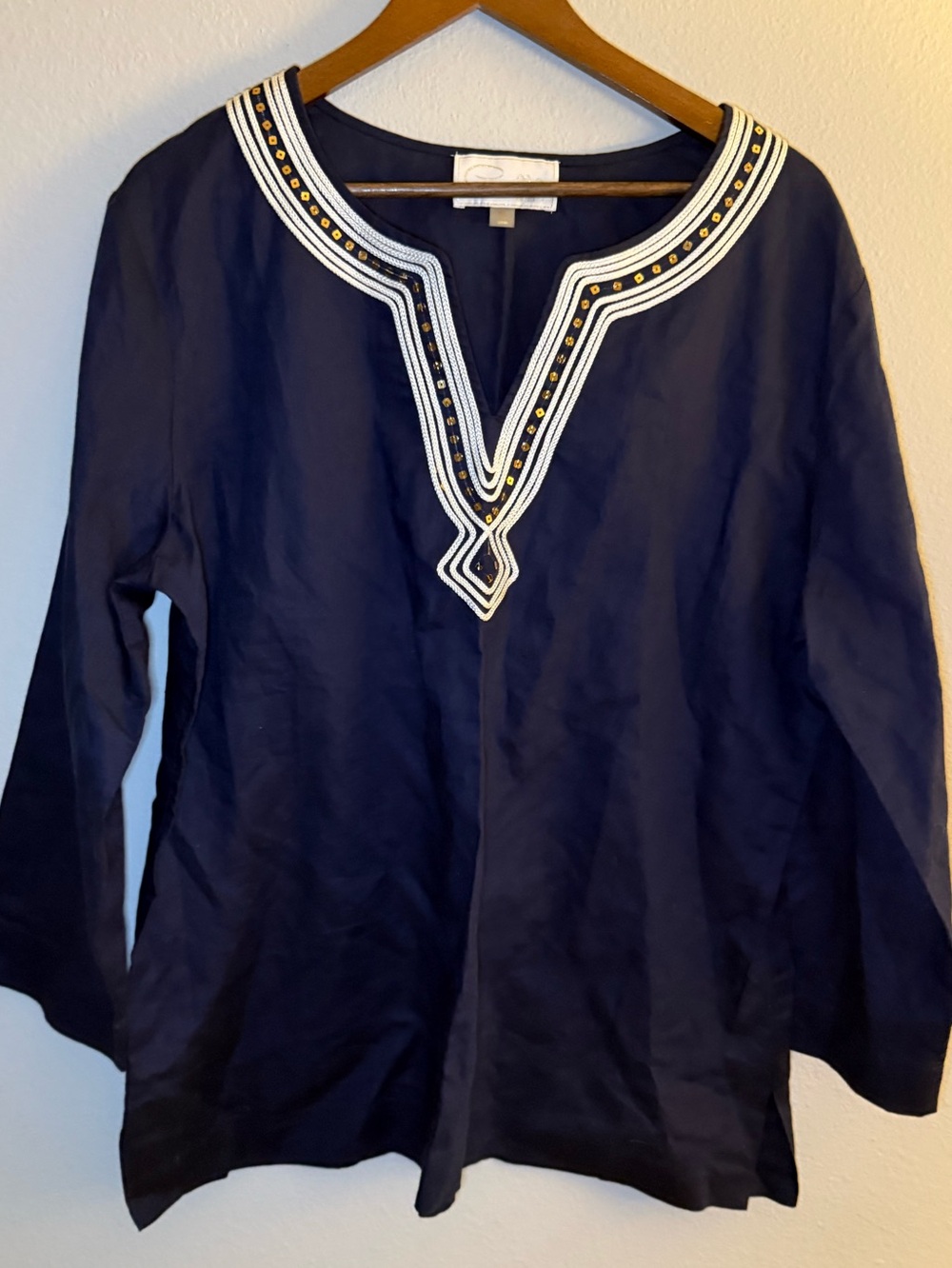 Navy Embroidered V-Neck Women's Tunic Top